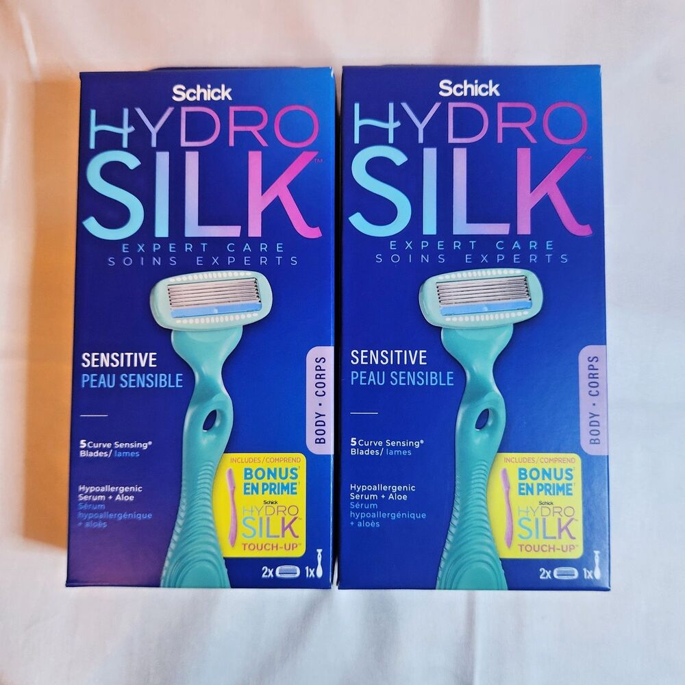 2 Pack Schick Hydro Silk Sensitive 5 Blade Razor + 2 Refills Bonus Touch Up New